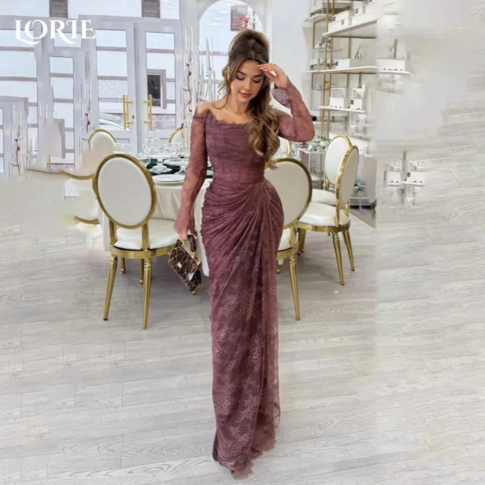 

LORIE Modest Crepe Evening Dresses Elegant Lace Off Shoulder Pleats Mermaid Arabia Prom Gown Ruffle Party Dresses Customized