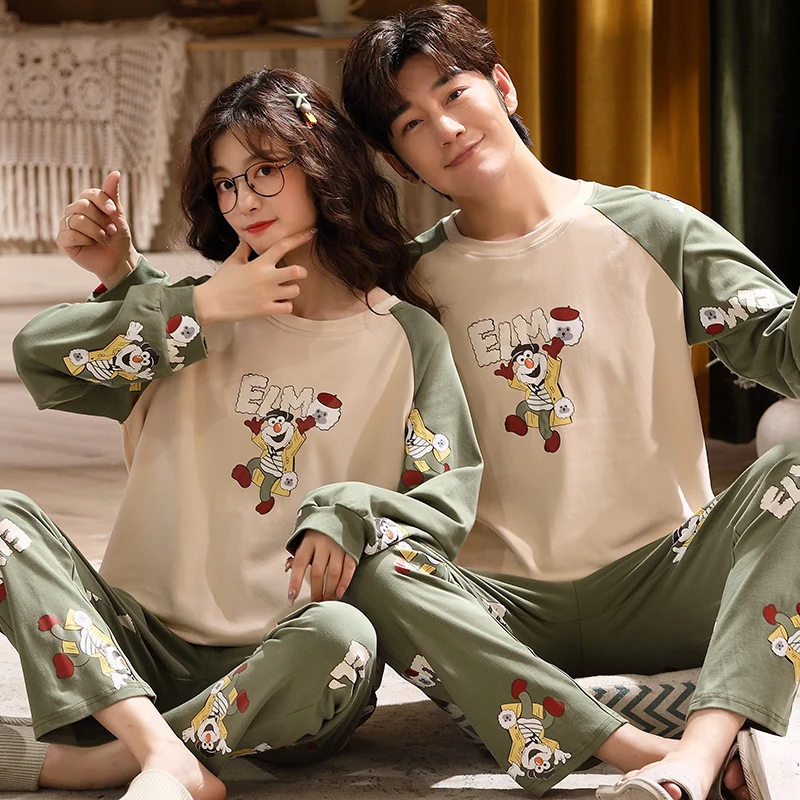 Autumn Couple Pajamas Sets Cartoon Men Sleepwear Leisure Cotton Plus Size Long Sleeve Women Homewear pijama Homme Mujer Dropship