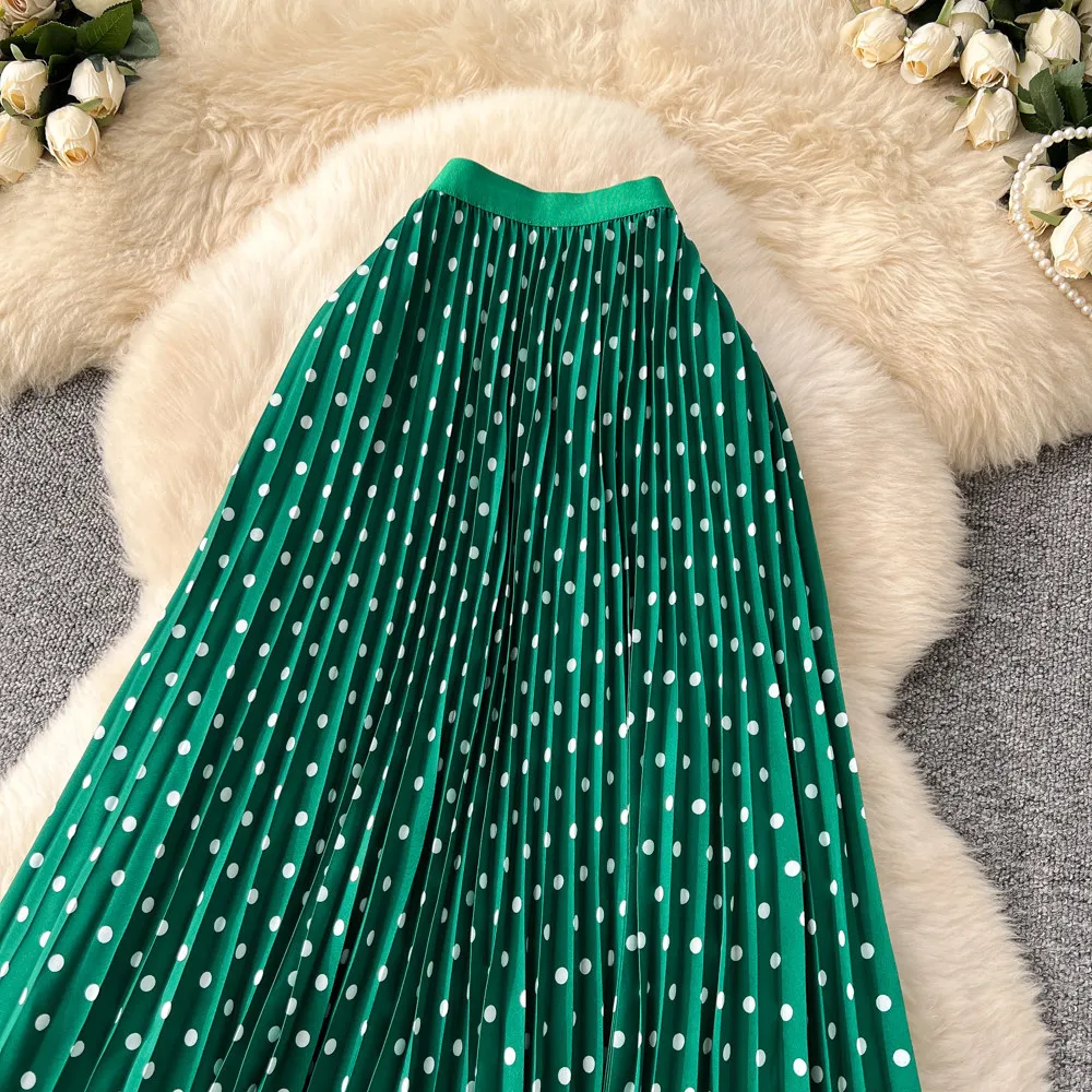 Korean Style Polka Dot Print Pleated A-line Long Skirts Women 2026 Spring Summer High Waist Casual Skirt