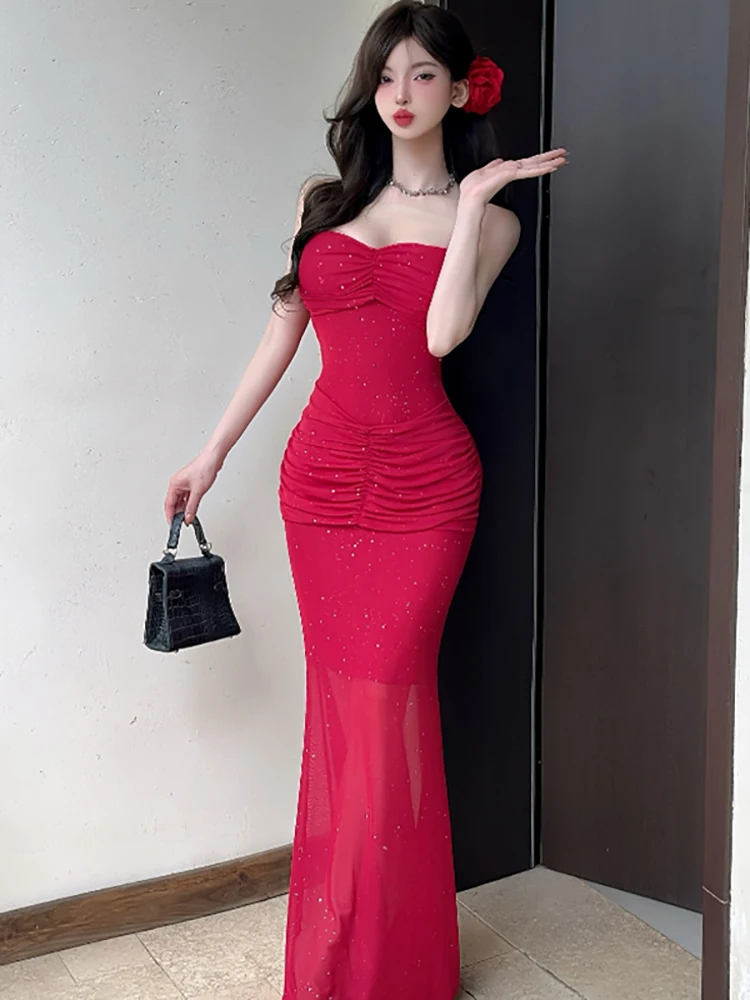 Zomer Rode Mesh Heldere Zijde Geplooide Bodycon Lange Jurk Vrouwen Elegante Luxe Sling Sexy Jurk 2025, Koreaanse Vintage Hepburn Jurken