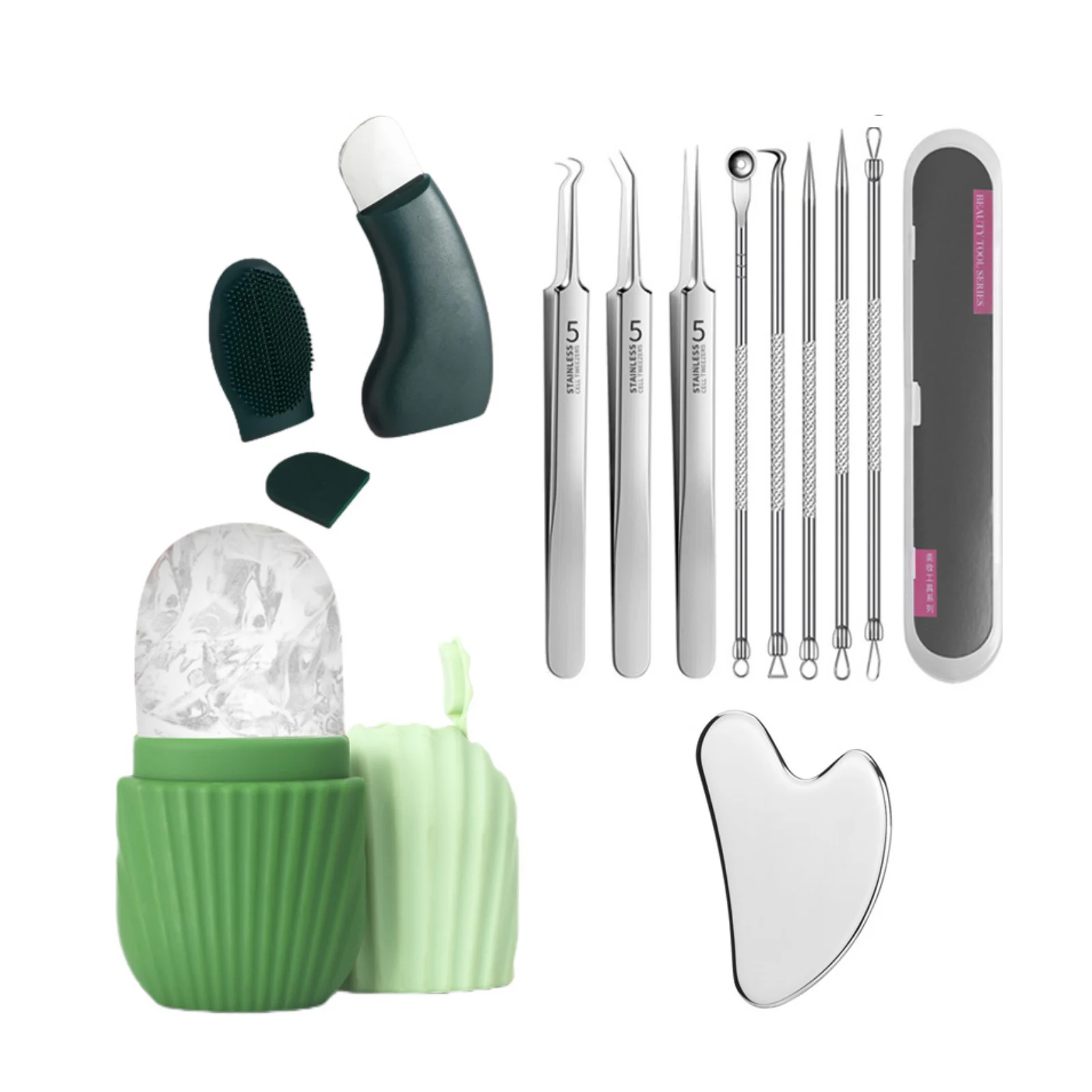 Gezichtsverzorging schoonheidsset, oogijsroller, puistjespincet, mee-eterschraper, combinatieset, gezichtsreiniging en huidverzorgingstool