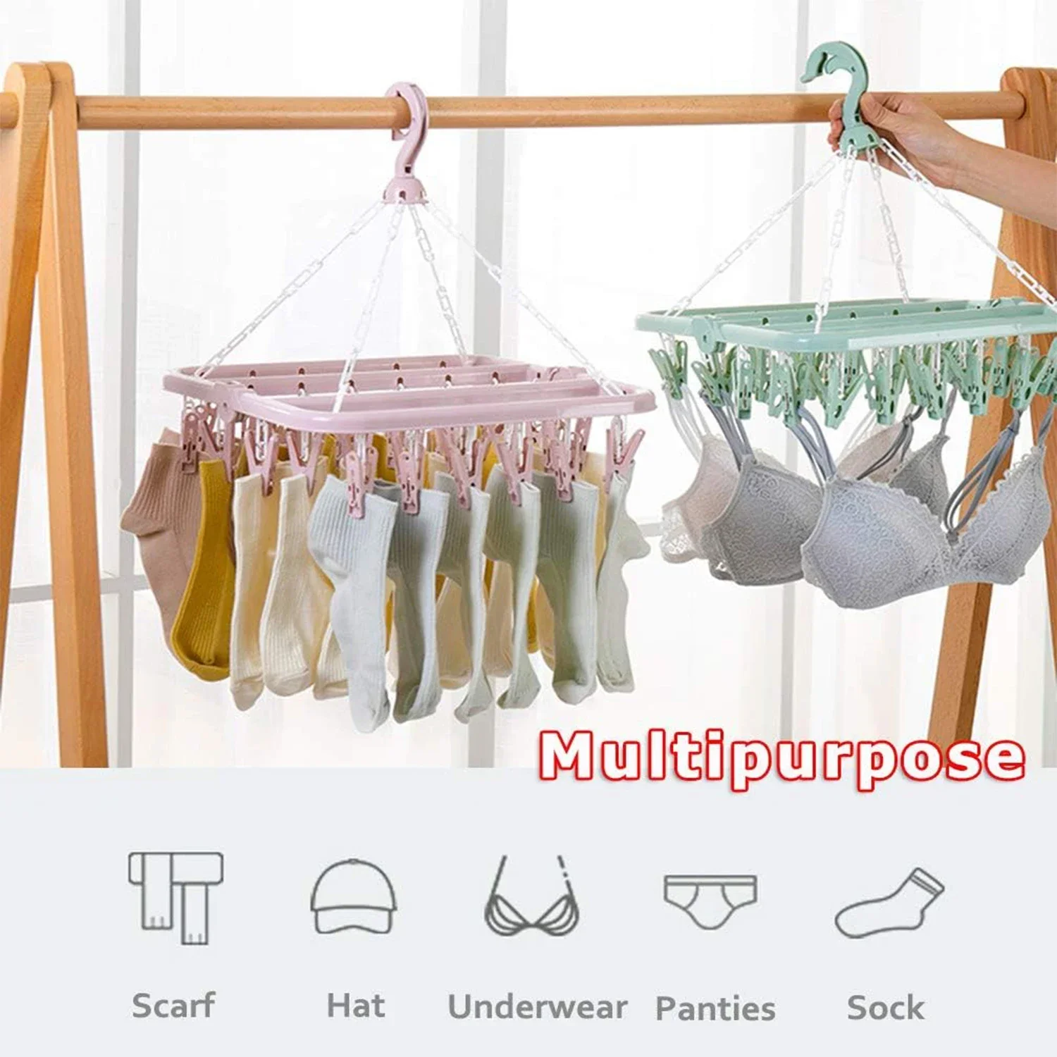 

32 Clip Folding Hanging Hanger Multifunctional Windproof Socks' Clip Drying Rack Household Plastic Clothes Socks Drying Hangers