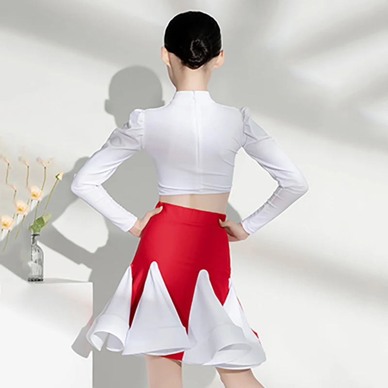 เด็กผู้หญิงชุดฝึกซ้อมเต้นรำละตินมาตรฐานแห่งชาติเสื้อแขนยาวและกระโปรงชุดปาร์ตี้คริสต์มาส