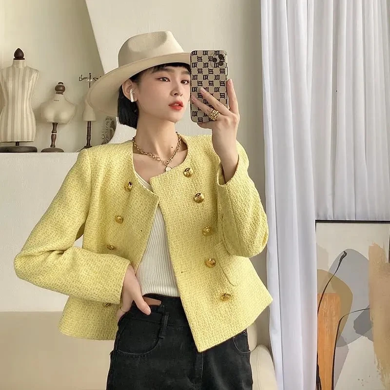 Jaket Crop Tweed Berkancing Dua Baris Elegan Mantel Berkualitas Tinggi Lengan Panjang Kuning Antik Wanita Atasan Pakaian Luar Pendek Chic Korea