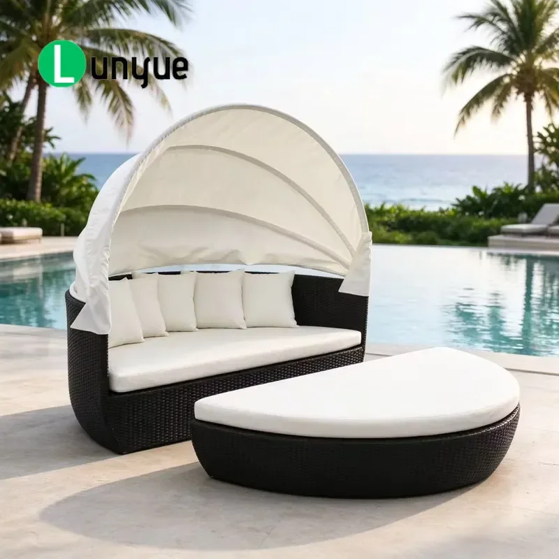 Outdoor Wicker Aluminum Frame Circular Lounge Chair with Canopy Rattan Sunbed for Terrace Villa Poolside Durable Relaxing