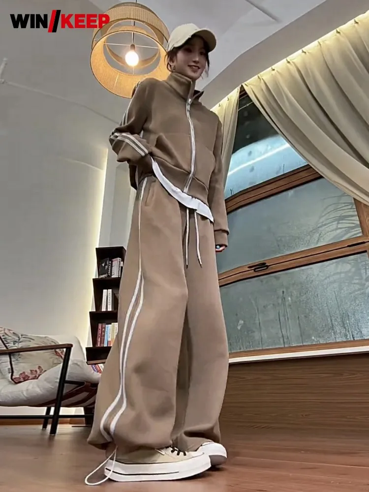 Women Spring Autumn Tracksuit Stand Collar Jacket Wid Leg Pants Two Piece Set Hip Hop Female Running Sports Matching Set Outfit