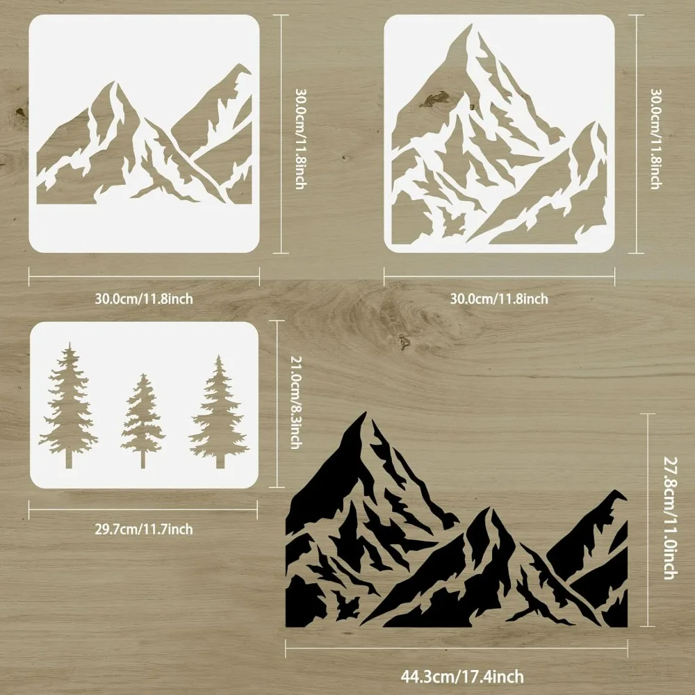 3PCS Mountain and Tree 3 Styles 2 Size Hollow Out Mountain Range Stencil Reusable Valley Stencil Pine Trees Craft Stencil