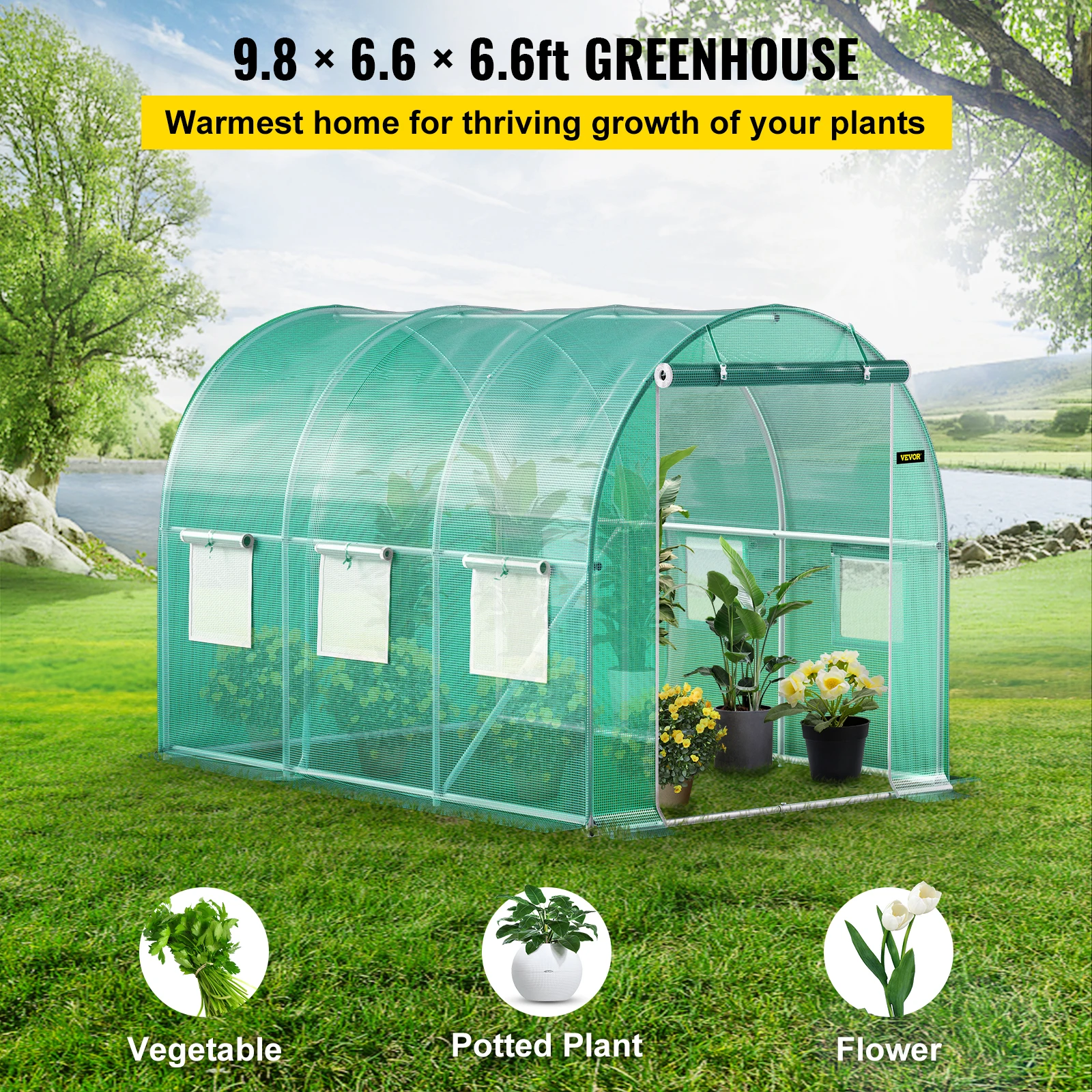 VEVOR Walk-in Tunnel Greenhouse,Portable Plant Hot House w/ Galvanized Steel Hoops,3 Top Beams,4 Diagonal Poles,2 Zippered Doors