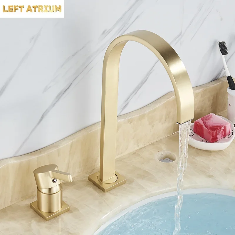 SHBSHAIMY Brushed Golden Basin Faucet Single Handle Widespread Sink Faucet Bathroom Mixer Tap Wide Spout Vessel Hot Cold Water