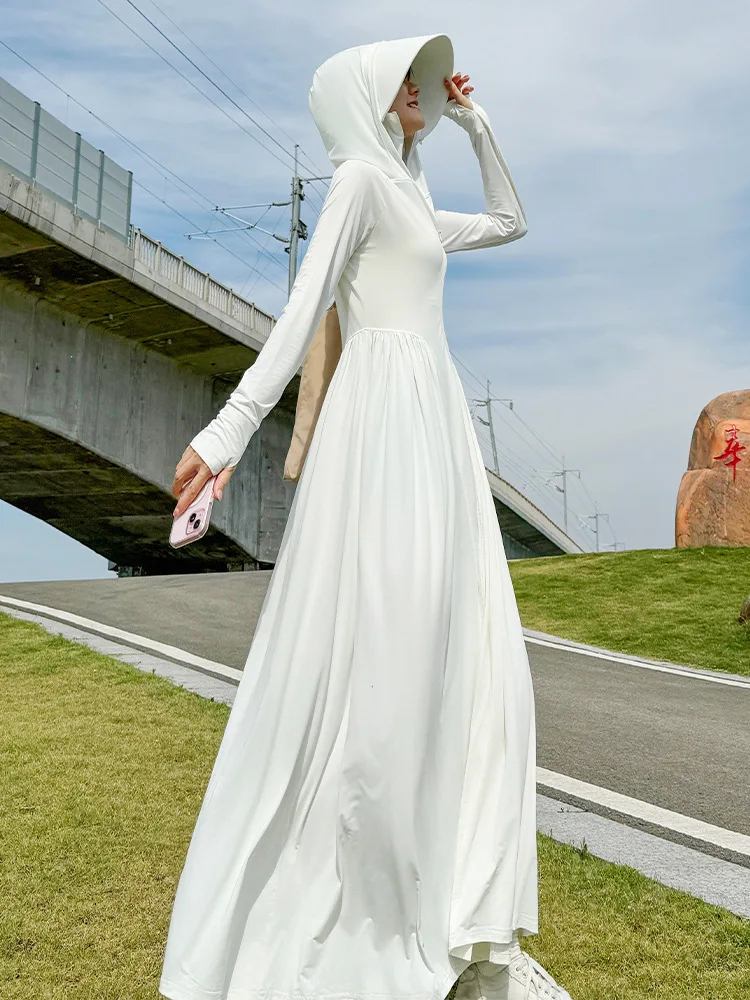 Ropa de protección solar para mujer en verano 2025, nuevo vestido resistente a los rayos UV, ropa de protección solar de cuerpo completo, falda larga de seda helada