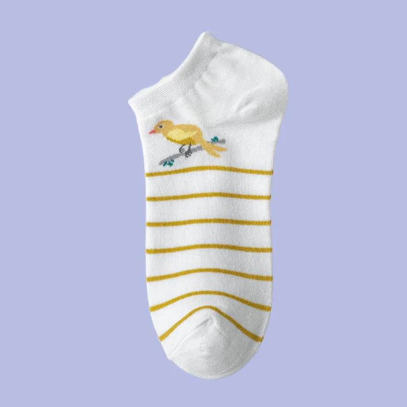 Chaussettes courtes respirantes à bouche peu profonde pour femmes, chaussettes bateau coupe basse, chaussettes Bot Bird, dessin animé mignon fin, 5/10 paires