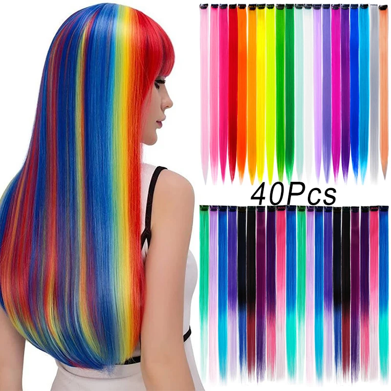 40Packs Rainbow Clip In One Piece Hair Extensions Straight Wave Colored Blue Pink For Kids Synthetic False Clip In Hair Pieces