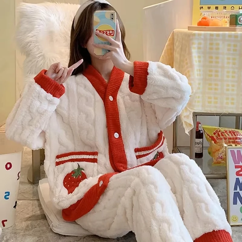 Pyjama épais en flanelle et velours corail fraise, vêtements de maison pour femmes, ensemble de vêtements de nuit à col en v, sa