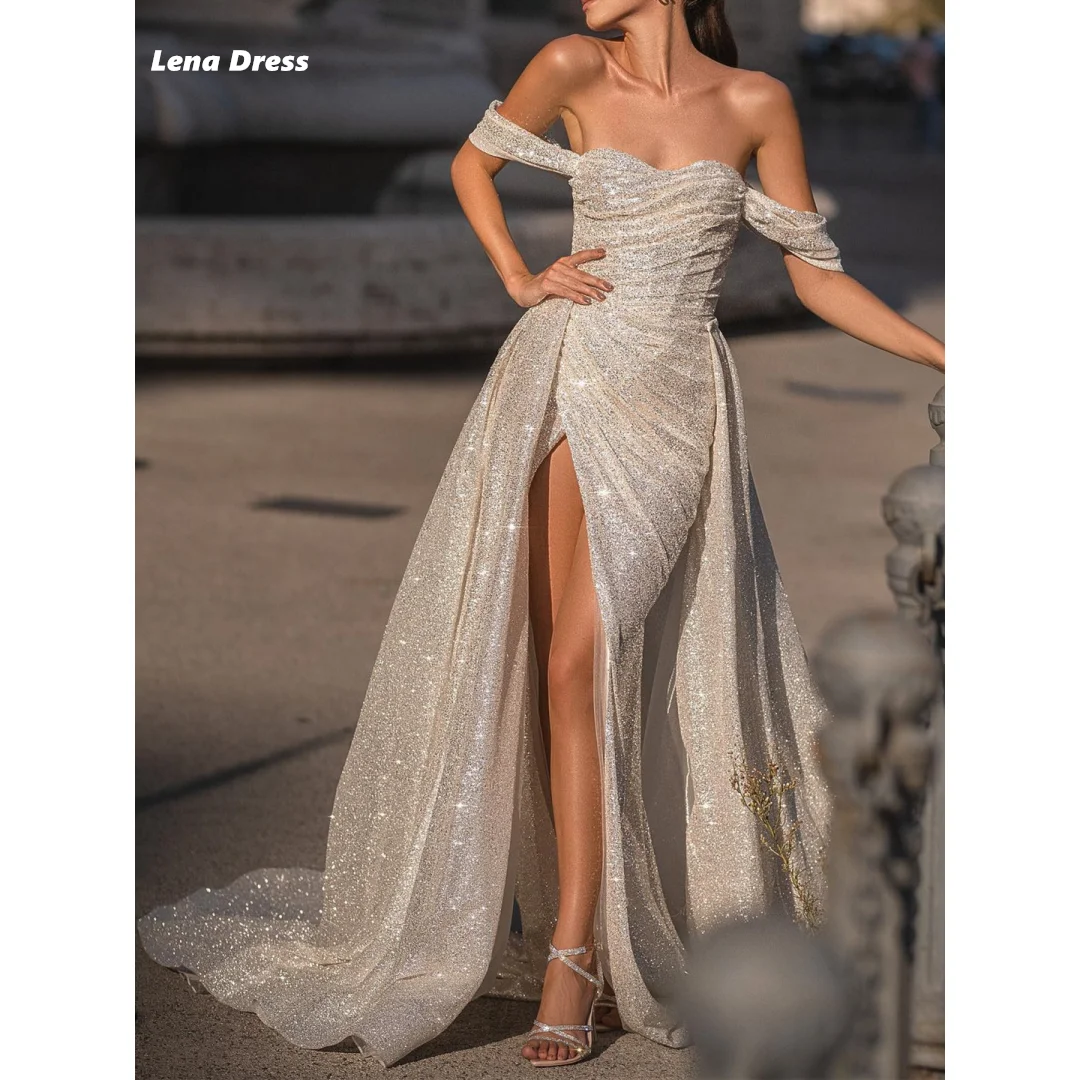 

Lena Heavy Evening Dresses 2024 Women Side Slit Elegant Luxury Evening Dress 2024 Off the Shoulders Shiny Fishtail Dress Party