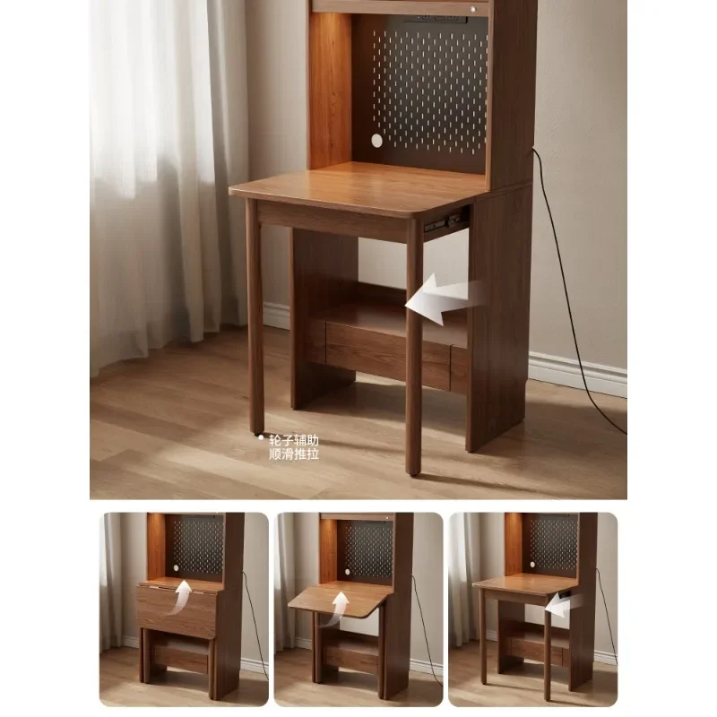 Solid wood desk and bookshelf integrated against the wall, telescopic narrow table, living room, small apartment study, foldable