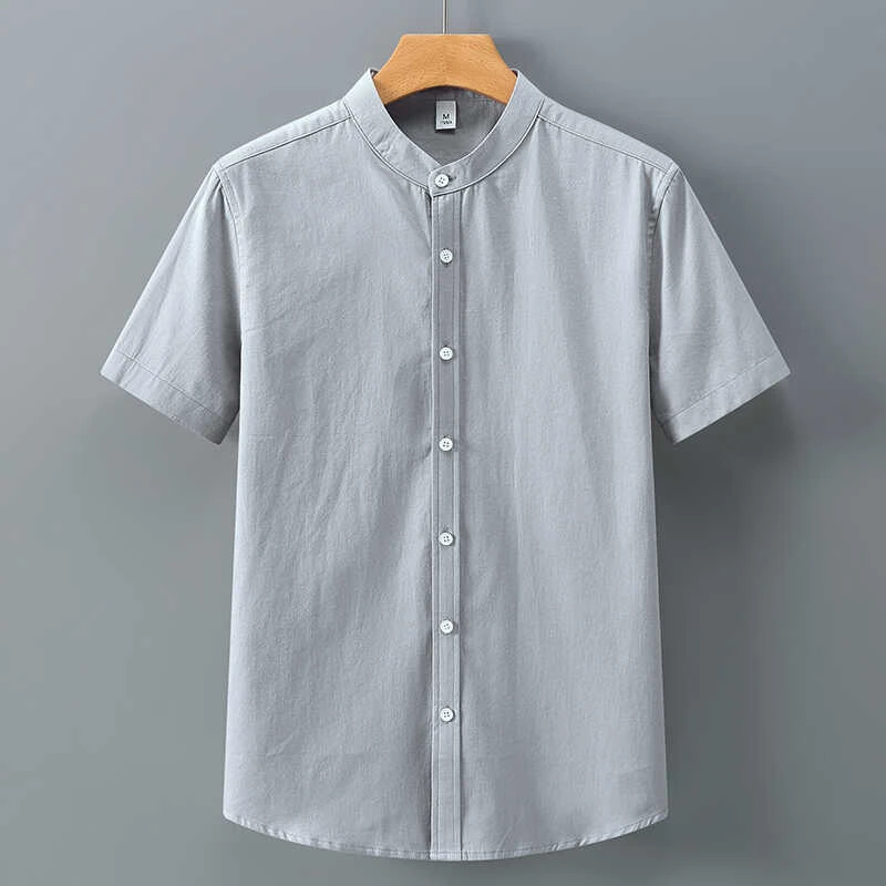 

Летняя мужская футболка из хлопка и льна, однотонная, с воротником-стойкой, универсальная, свободного кроя, дышащая, городская мода