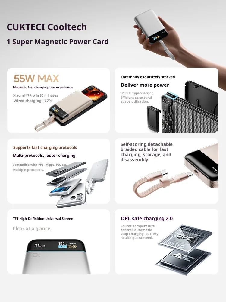 CUKTECH 10 Magnetic Power Bank with Charging Cable 55W MAX Fast Charging 10000mAh Portable TFT Color Screen Power Bank for Gift