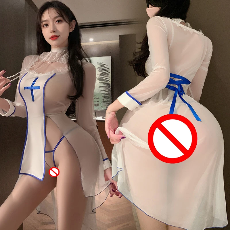 

Sexy Palace Noble Nun Uniform Sweet Lingerie Women Cross White Mini Dress Temptation Lace Pajamas Outfits Erotic Party Costumes