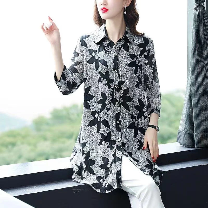 Summer POLO Collar Fashion Three Quarter Shirt Women High Street Casual Loose Button Cardigan Elegant Printing Mid-length Tops