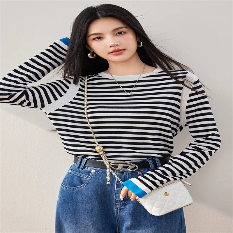 Vimly Women's Striped Long Sleeve Knitted Top 2024 Spring New O-neck Loose Lyocell Knit Pullovers Soft Female Knitwear 72911