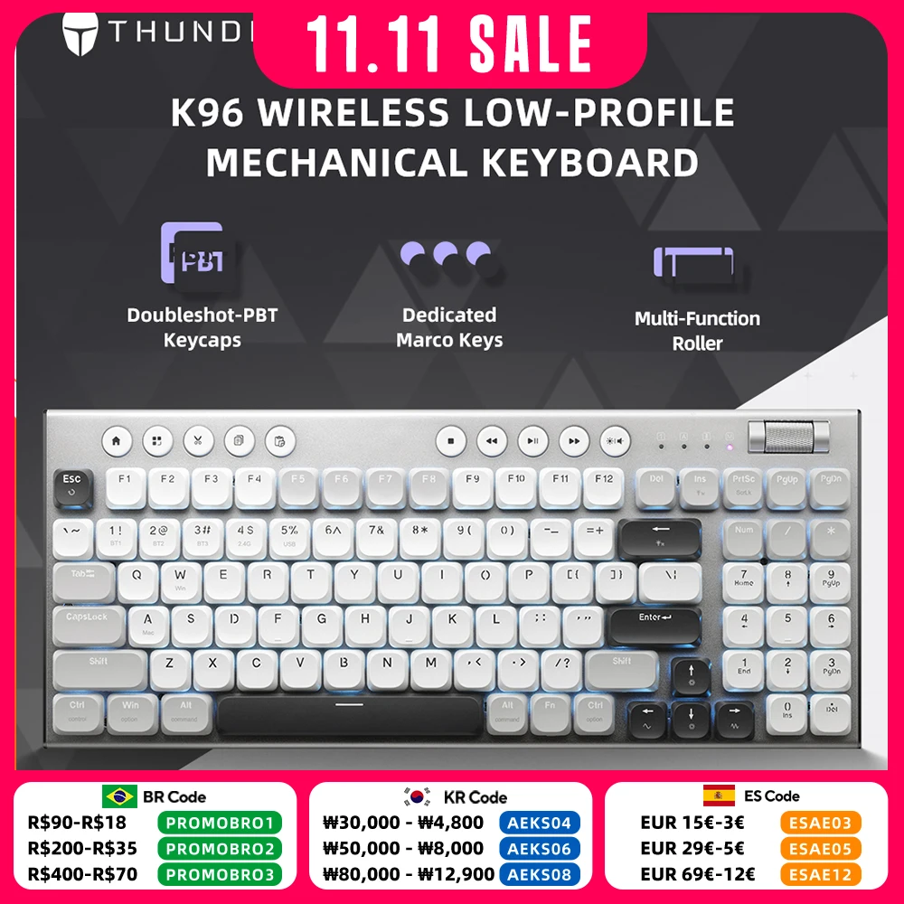 

THUNDEROBOT K96 Беспроводная механическая клавиатура Низкопрофильная клавиатура производства 98-клавиш с роликовыми клавишами Marco Колпачки для клавиш из ПБТ для ПК