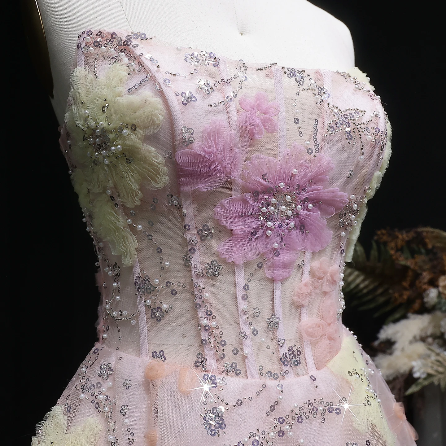 Sharon Said Rosa trägerloses 3D-Blumenperlen-Korsett-Homecoming-Kleid Dubai Sexy Mini-Cocktail-Abschlussball-Partykleid RM135 Maßanfertigung – Detail 8