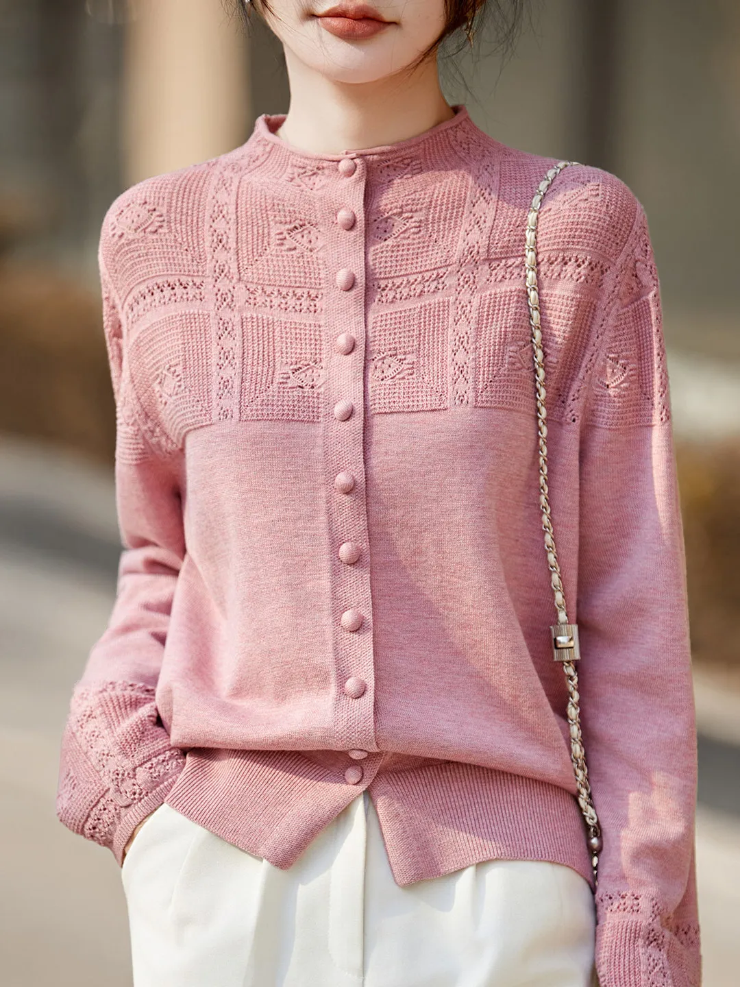 

Французский вязаный кардиган с открытым передом, женский свитер на пуговицах с высоким воротником, ажурный узор с цветами, мягкий топ с длинными рукавами