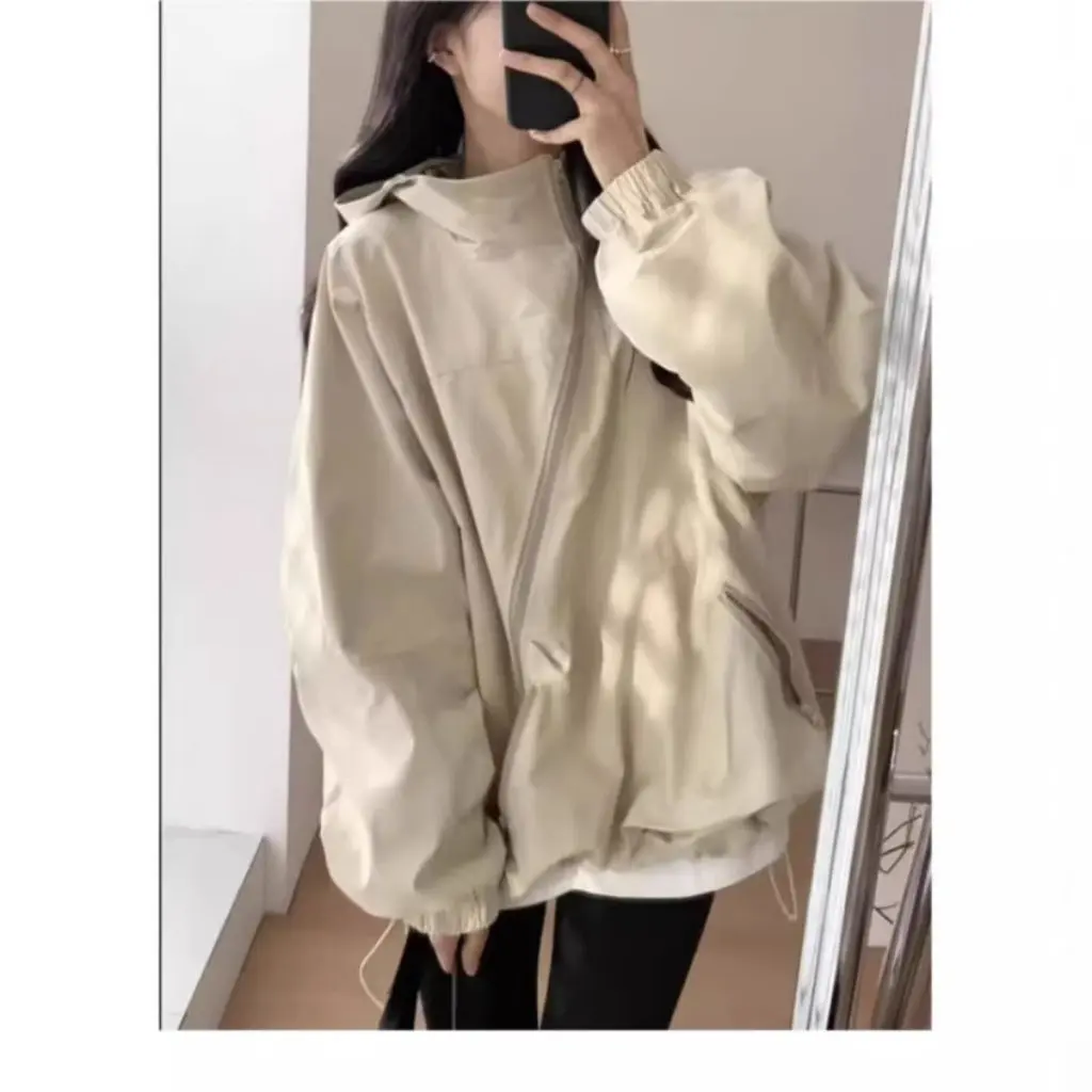

Women's Korean-Style Distinctive Windbreaker Coat Thin Hooded Jacket Loose Fit New Workwear Casual Outerwear