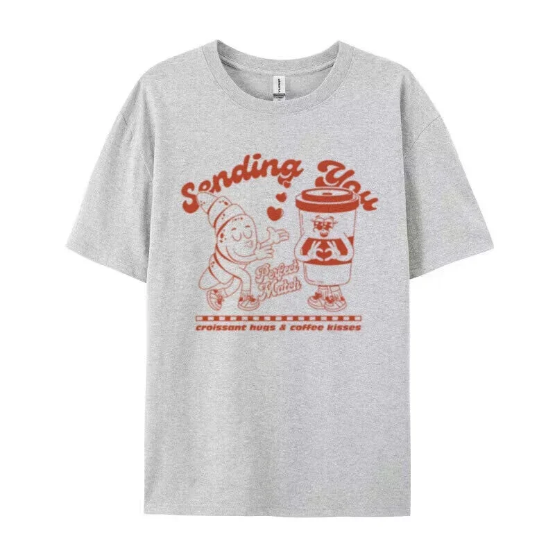 Carino Divertente Colazione Foodie Graphic Top Donna Anni '90 Retro Croissant Caffè Cartoon T-shirt Estetica unisex Amante del caffè Camicia