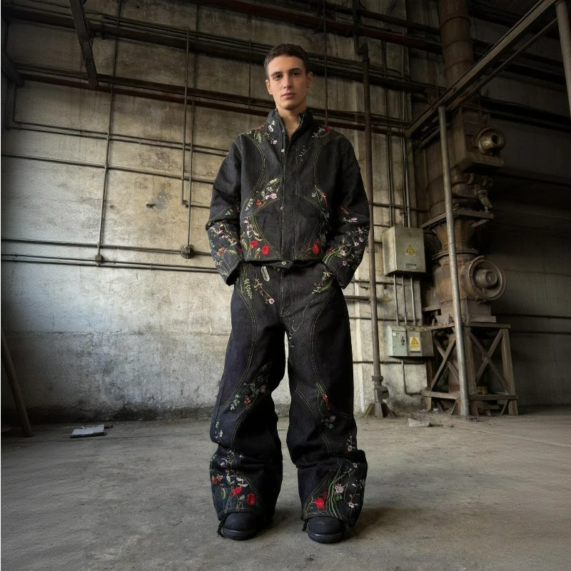 Y2K Floral Embroidery Wide Leg Jeans for Men Women