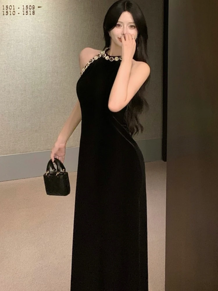 Luxury Midi Dress Women Off Shoulder Flash Diamond Velvet Dresses Elegant Evening Gown Party Fashion Vestidos Spring Autumn