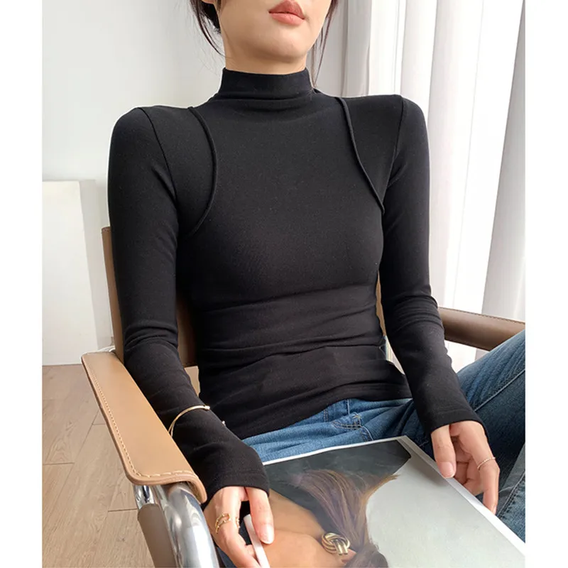 Women's Half High Collar Bottom Shirt Solid Color Fashionable Pleated Middle Collar Long Sleeve Plush Warm Slim Fit Commute Top