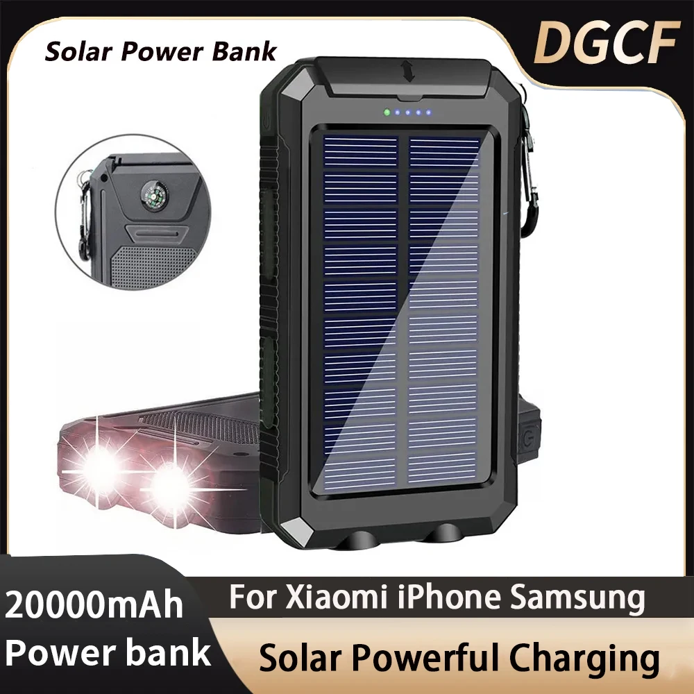 

Portable Solar Power Bank Powerful Charging Powerbank External Battery Charger Strong Light LDE Light for All Smartphones 20000