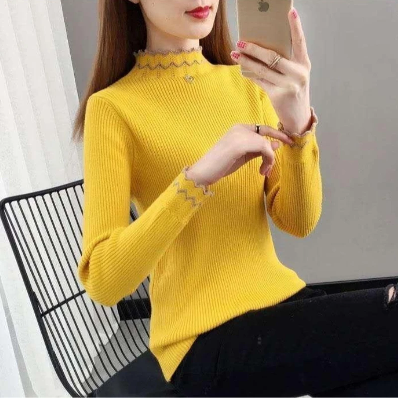 Women's White Lace Trim Half Turtleneck Knit Sweater Long Sleeve Slim Fit Base Layer Top Fall Winter Elegant Pullover