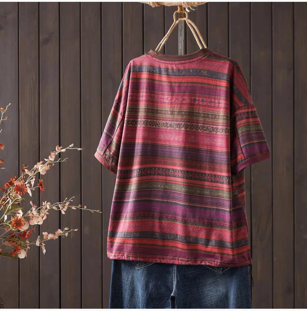 2026 Women's Vintage Boho Ethnic Tribal Striped Oversized T-Shirt Retro Hippie Short Sleeve Cotton Tee