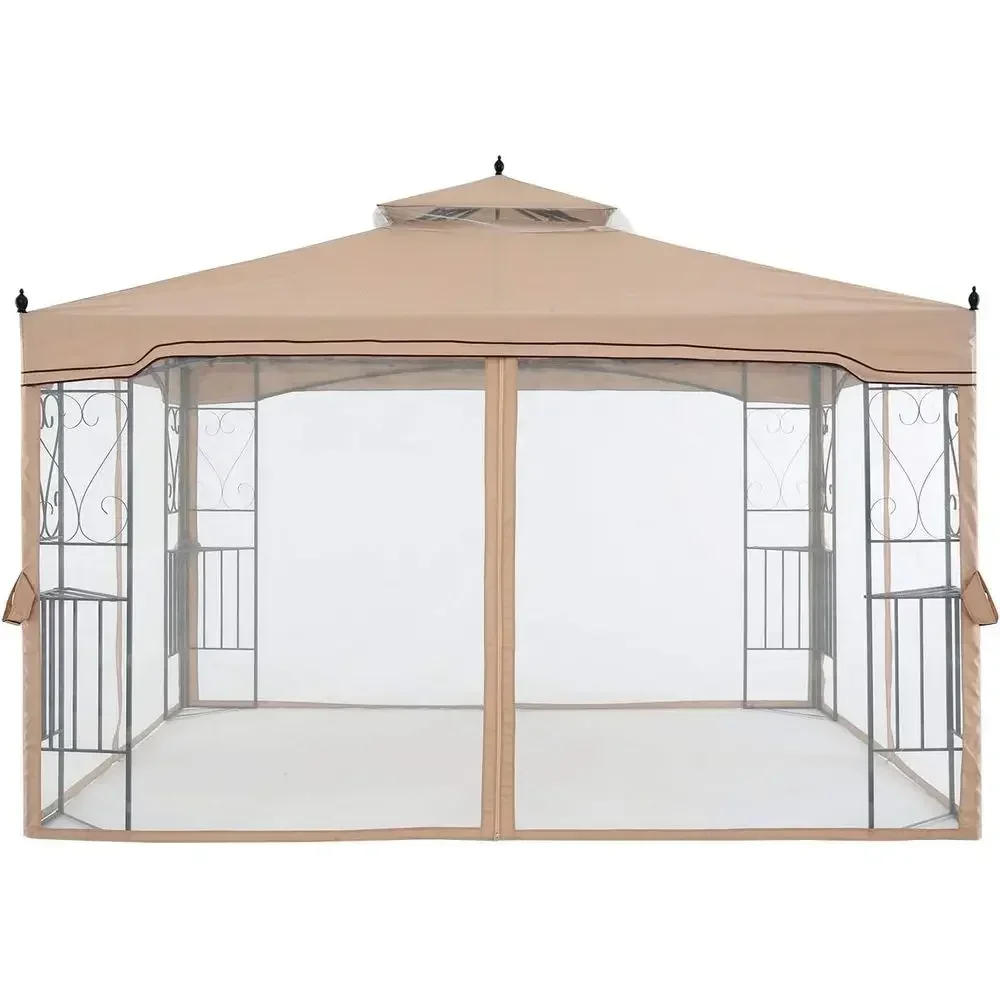 10x10 Beige Patio Gazebo with Mesh Walls for Lawn, Garden, Backyard, and Deck
