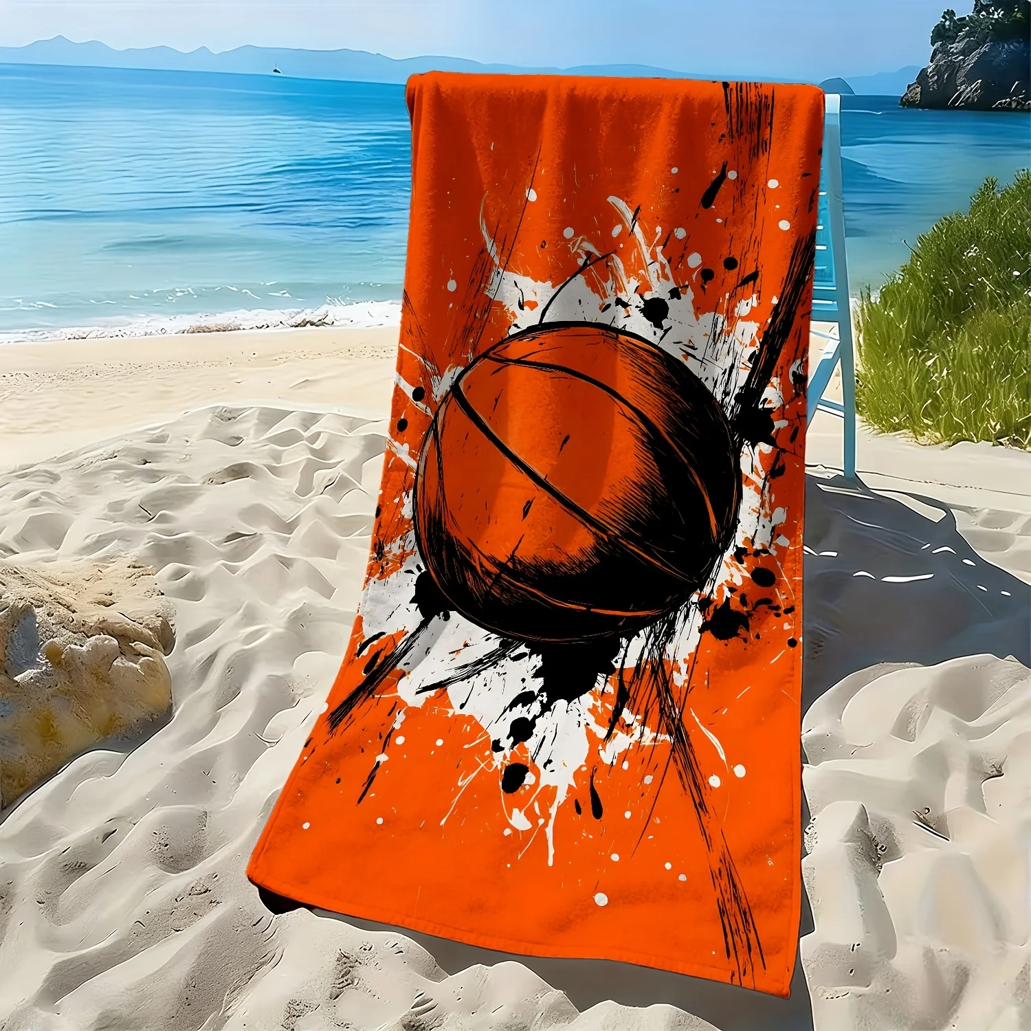 1pc Basketball Splash Orange Storm Soft Towel, Bath Towel, Beach Towel - Lightweight, Vacation Beach Accessory Suitable for Trav