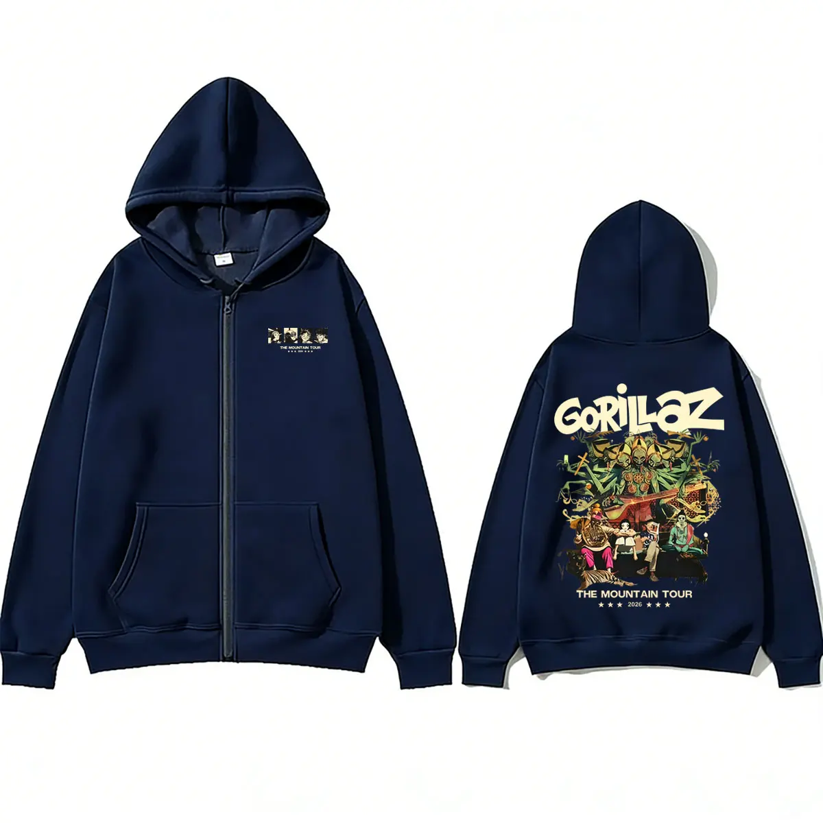 Rock Band Gorillaz Tour 2026 Zipper Hoodie Men Women Retro Gothic Punk Zip Up Jacket Men's Casual Oversized Zip Up Sweatshirts