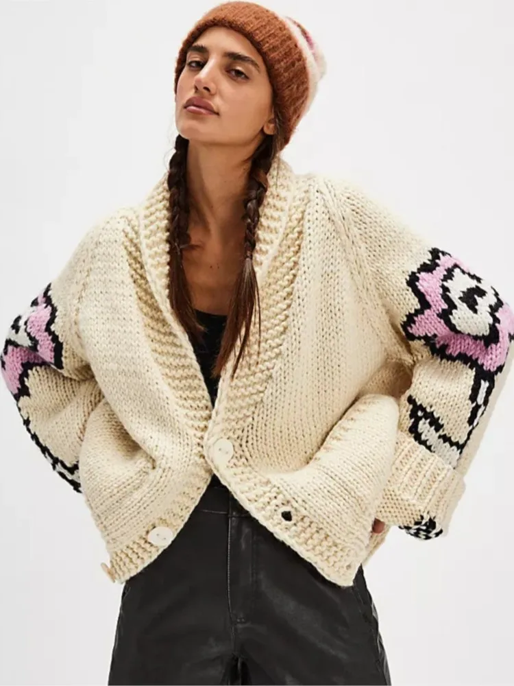 

Women's Trendy Street Printed Cardigan Lapel Sweater Winter Clothes Woman Pulls Femmes All-match Loose Simple Style Comfortable