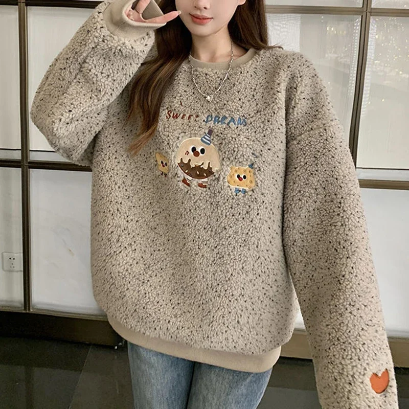 2024 Winter New Round Neck Casual Velvet Women's Hoodie Korean Edition Loose Embroidered Letter Patch Cartoon