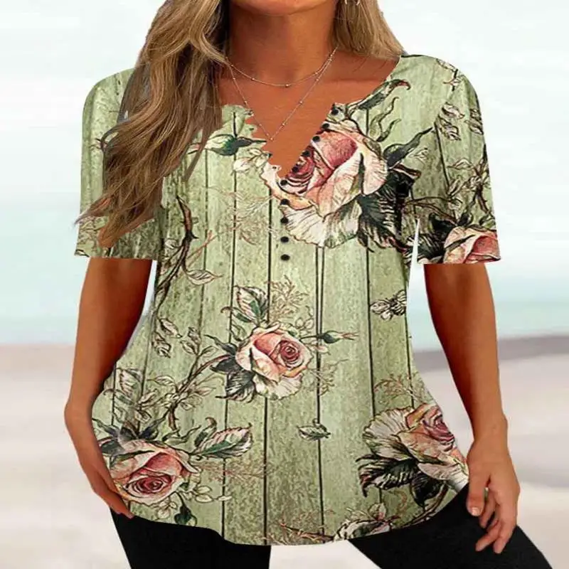 Tops estampados florais com decote em v feminino, meia manga, plus size