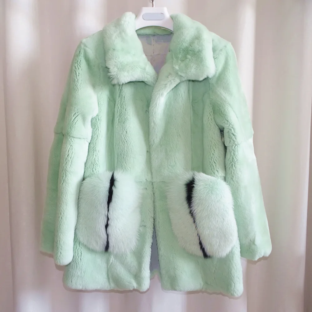 2023Real fur, New Winter Real Rabbit Fur Coat Women Rex Rabbit Fur Jacket Turn-down Collar Big Fox Fur Pockets Accept Custom Ord