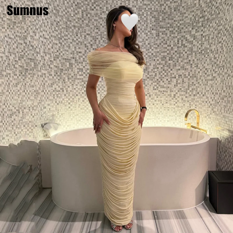 

Sumnus Elegant Mermaid Evening Dresses Off Shoulder Light Yellow Pleats Ruched Midi Prom Dress 2026 Party Dress gala Customized