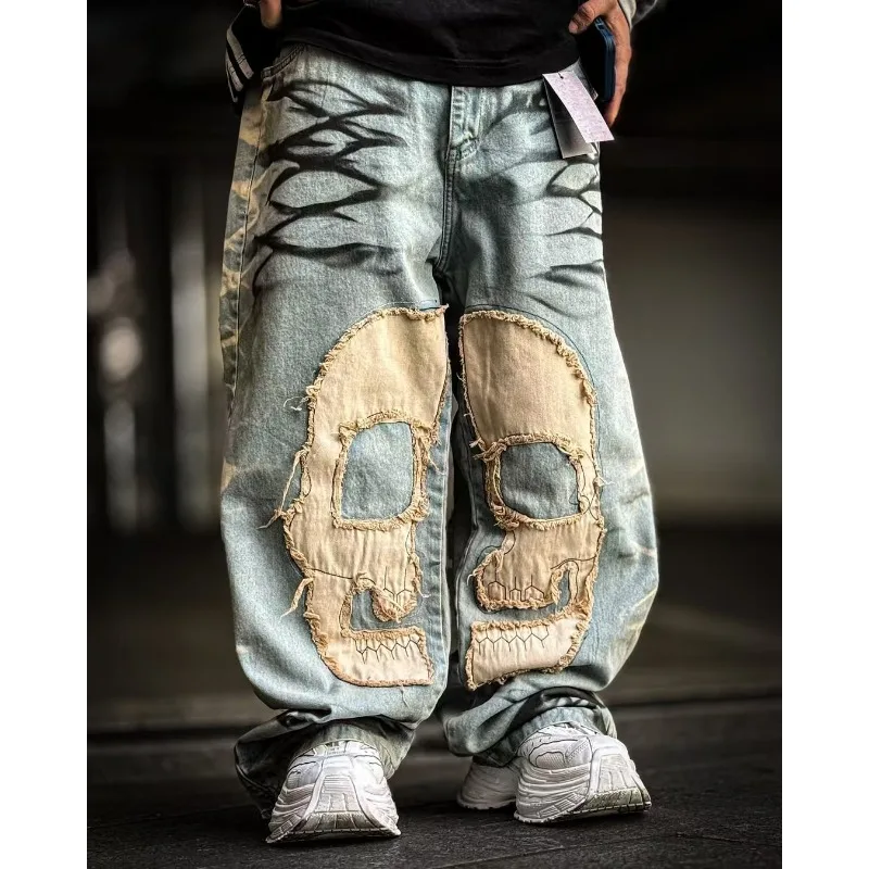 

Y2K Harajuku Vintage Jeans American New Fashion Oversize Skull Pattern Embroidery Jeans Men Women Casual Baggy Wide Leg Jeans