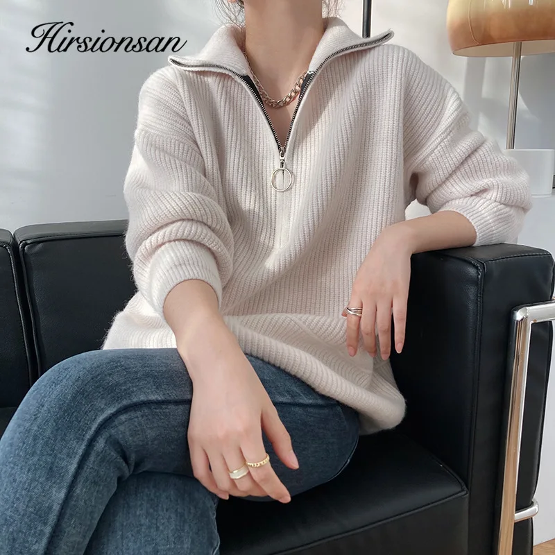 Hirsionsan Zipper Turn-down Collar Autumn Sweaters Women Cashmere Soft Loose Solid Female Knited Pullovers 2023new Thick Jumper