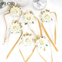 Bridesmaid Corsage Bracelet Wedding Wrist Corsage Flannel Rose Polyester Ribbon Party Prom Supplies Red White Bridal Hand Flower