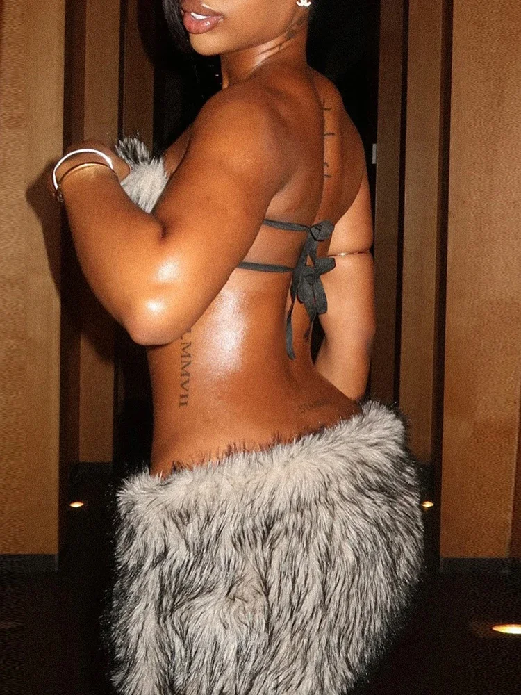 

Female Sexy Furry Skirts Suits Wrap Chest Backless Bra Tops+Skinny Mini Bottoms Midnight Club Party Wild Style 2 Piece Set