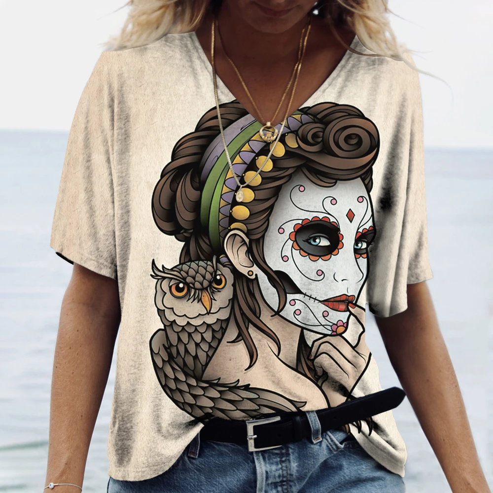 Fashion Woman Blouses 2024 T-shirt Women\'s 3d Clown Print Color Skull V-neck T Shirt Female Clothing Oversized Summer Tops Tees