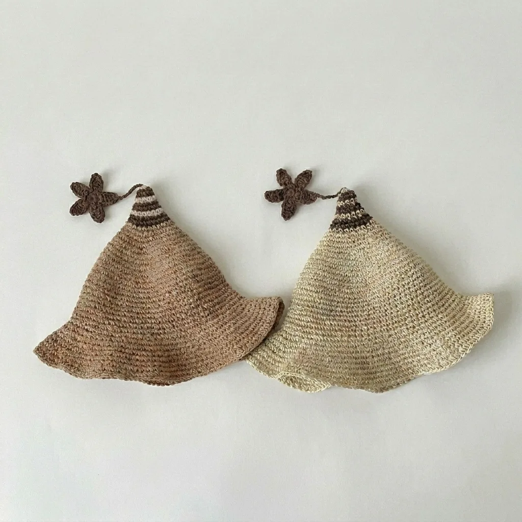 

49-52cm Kids Summer Straw Hat 3-6T Ventilate Sunscreen Children Sun Hat Sweet star Girls Witch Hat
