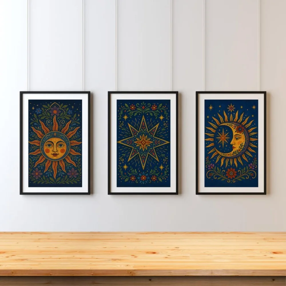 Frameless Celestial Three-person Poster Printing, Sun, Moon and Stars Wall Art, Digital Download, Living Room Bedroom Decoration